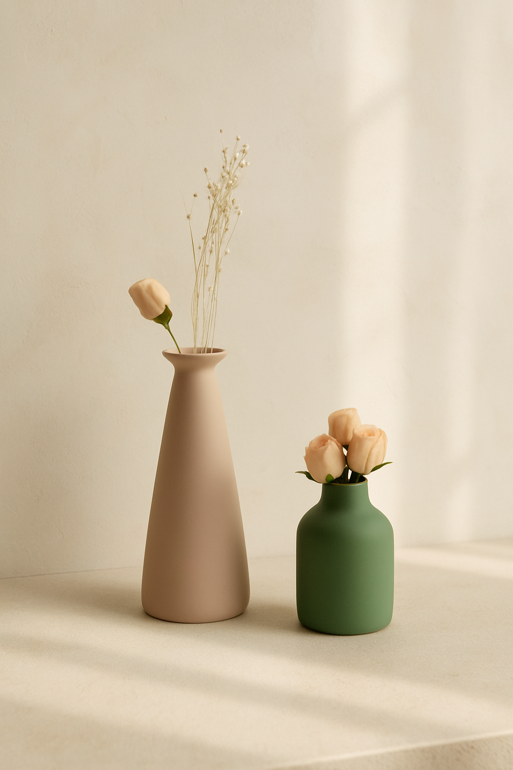 Duo de Vases “Serenity” – Céramique Mate Vert Sauge & Beige Sable